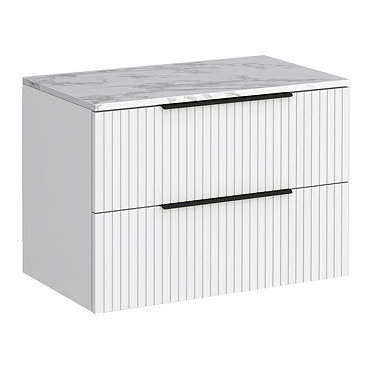 Milan Fluted 800mm Matt White Vanity Unit - Wall Hung 2 Drawer Unit with Carrara Marble Worktop & Matt Black Handles