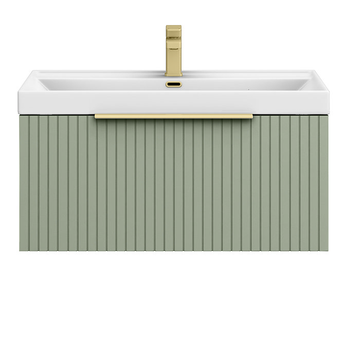 Milan Fluted 800mm Satin Green 1-Drawer Wall Hung Vanity Unit with Brushed Brass Handle