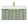 Milan Fluted 800mm Satin Green 1-Drawer Wall Hung Vanity Unit with Brushed Brass Handle