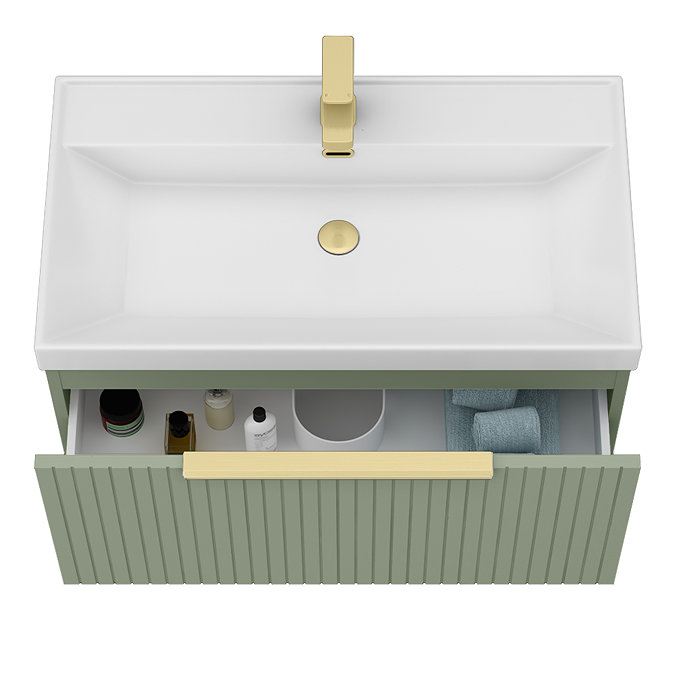 Milan Fluted 800mm Satin Green 1-Drawer Wall Hung Vanity Unit with Brushed Brass Handle