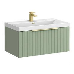 Milan Fluted 800mm Satin Green 1-Drawer Wall Hung Vanity Unit with Brushed Brass Handle
