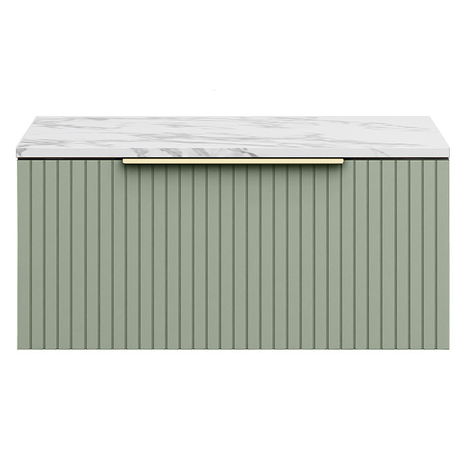 Milan Fluted 800mm Satin Green Vanity Unit - Wall Hung 1 Drawer Unit with Carrara Marble Worktop & Brushed Brass Handle