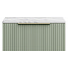 Milan Fluted 800mm Satin Green Vanity Unit - Wall Hung 1 Drawer Unit with Carrara Marble Worktop & Brushed Brass Handle