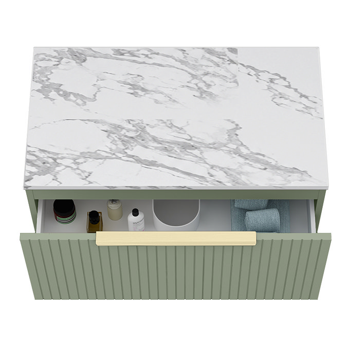 Milan Fluted 800mm Satin Green Vanity Unit - Wall Hung 1 Drawer Unit with Carrara Marble Worktop & Brushed Brass Handle