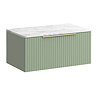 Milan Fluted 800mm Satin Green Vanity Unit - Wall Hung 1 Drawer Unit with Carrara Marble Worktop & Brushed Brass Handle