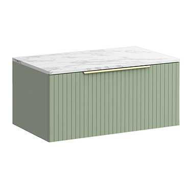 Milan Fluted 800mm Satin Green Vanity Unit - Wall Hung 1 Drawer Unit with Carrara Marble Worktop & Brushed Brass Handle