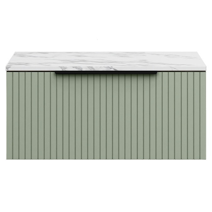 Milan Fluted 800mm Satin Green Vanity Unit - Wall Hung 1 Drawer Unit with Carrara Marble Worktop & Matt Black Handle