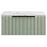 Milan Fluted 800mm Satin Green Vanity Unit - Wall Hung 1 Drawer Unit with Carrara Marble Worktop & Matt Black Handle