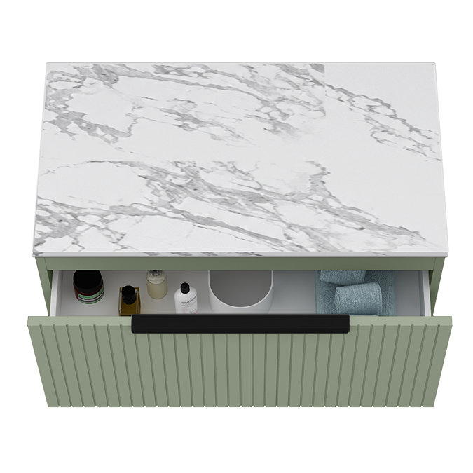Milan Fluted 800mm Satin Green Vanity Unit - Wall Hung 1 Drawer Unit with Carrara Marble Worktop & Matt Black Handle