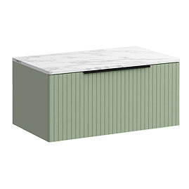 Milan Fluted 800mm Satin Green Vanity Unit - Wall Hung 1 Drawer Unit with Carrara Marble Worktop & Matt Black Handle