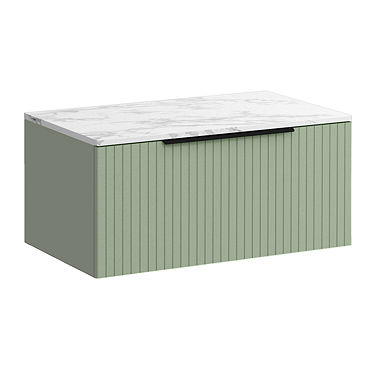 Milan Fluted 800mm Satin Green Vanity Unit - Wall Hung 1 Drawer Unit with Carrara Marble Worktop & Matt Black Handle