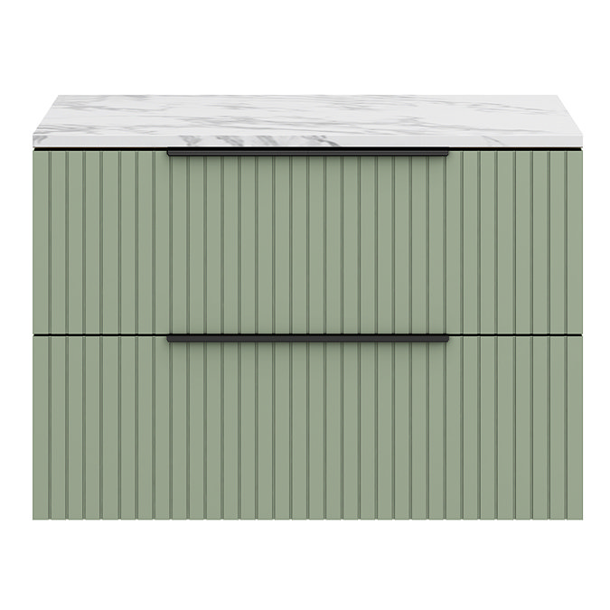 Milan Fluted 800mm Satin Green Vanity Unit - Wall Hung 2 Drawer Unit with Carrara Marble Worktop & Matt Black Handles
