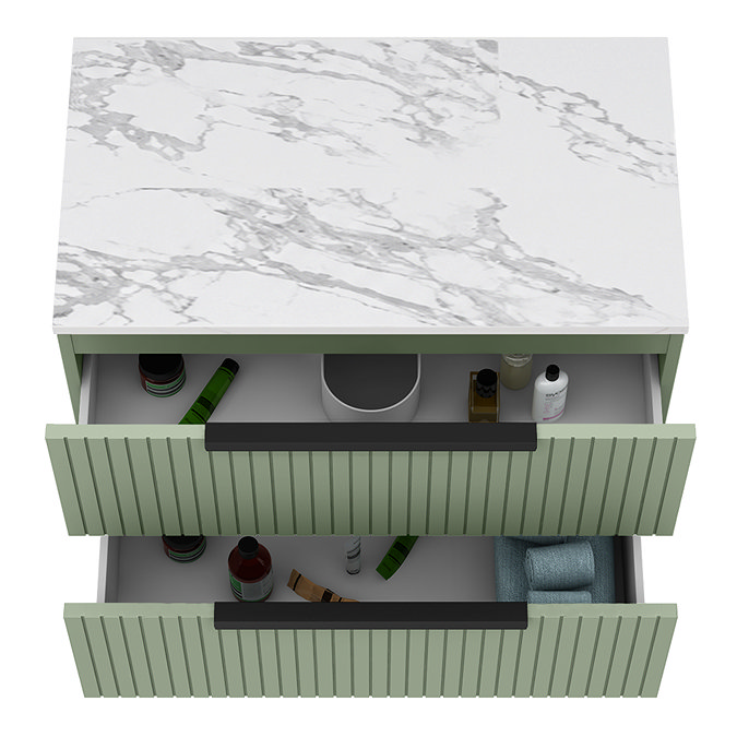 Milan Fluted 800mm Satin Green Vanity Unit - Wall Hung 2 Drawer Unit with Carrara Marble Worktop & Matt Black Handles