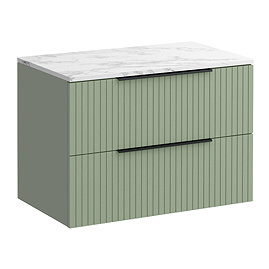 Milan Fluted 800mm Satin Green Vanity Unit - Wall Hung 2 Drawer Unit with Carrara Marble Worktop & Matt Black Handles
