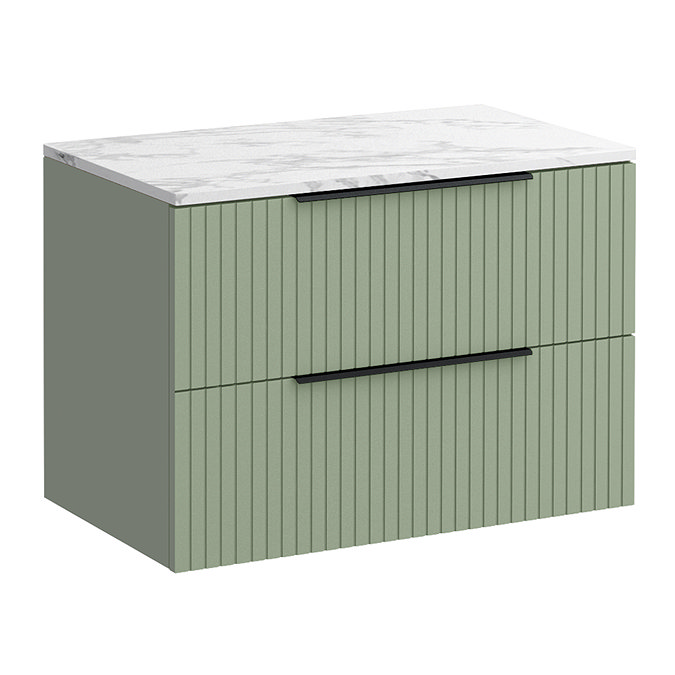 Milan Fluted 800mm Satin Green Vanity Unit - Wall Hung 2 Drawer Unit with Carrara Marble Worktop & Matt Black Handles