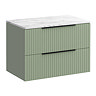 Milan Fluted 800mm Satin Green Vanity Unit - Wall Hung 2 Drawer Unit with Carrara Marble Worktop & Matt Black Handles