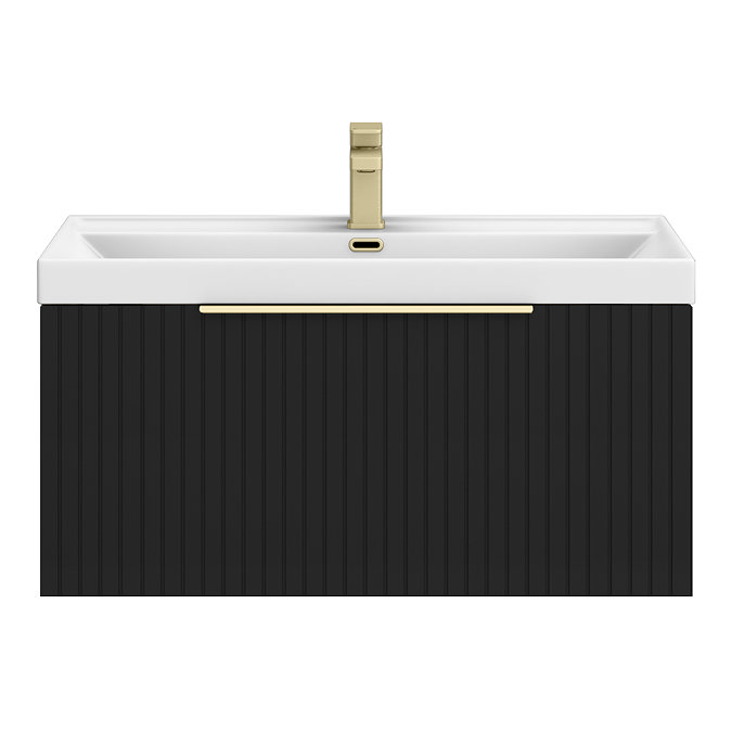 Milan Fluted 800mm Soft Black 1-Drawer Wall Hung Vanity Unit with Brushed Brass Handle