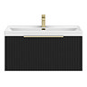 Milan Fluted 800mm Soft Black 1-Drawer Wall Hung Vanity Unit with Brushed Brass Handle