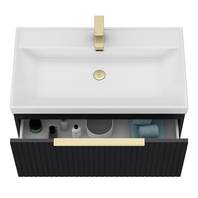 Milan Fluted 800mm Soft Black 1-Drawer Wall Hung Vanity Unit with Brushed Brass Handle