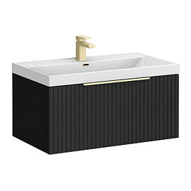 Milan Fluted 800mm Soft Black 1-Drawer Wall Hung Vanity Unit with Brushed Brass Handle