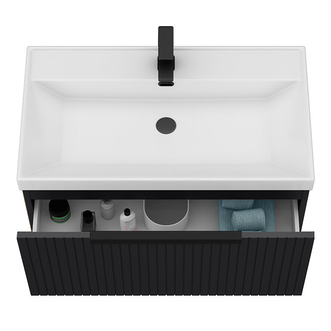 Milan Fluted 800mm Soft Black 1-Drawer Wall Hung Vanity Unit with Matt Black Handle