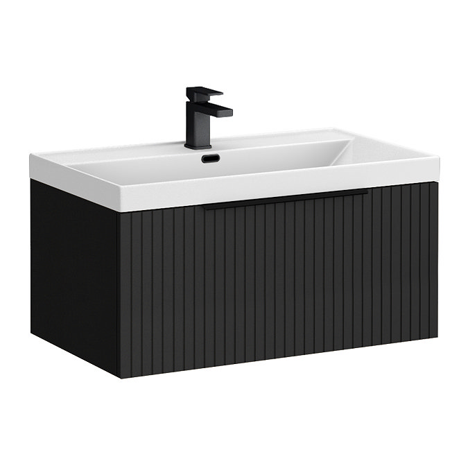 Milan Fluted 800mm Soft Black 1-Drawer Wall Hung Vanity Unit with Matt Black Handle