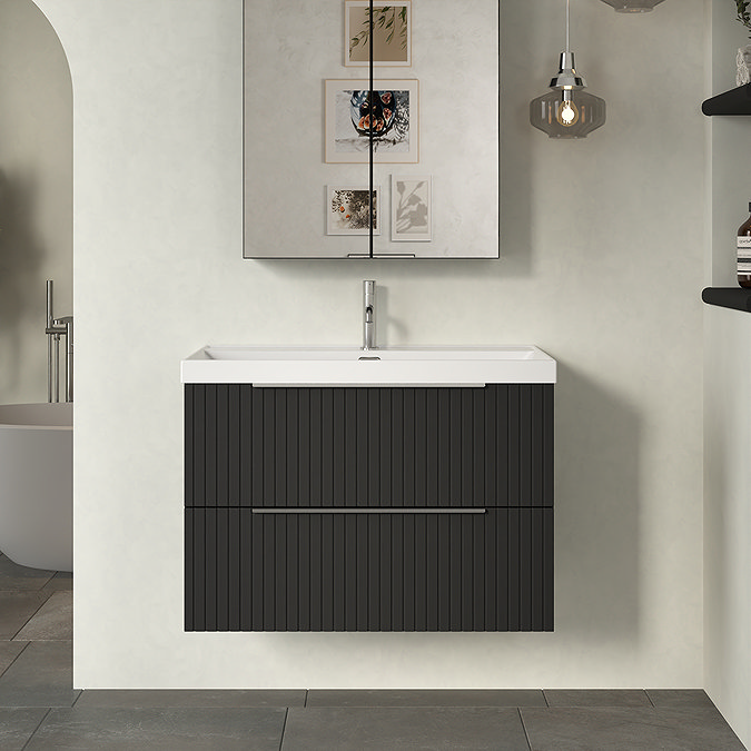 Milan Fluted 800mm Soft Black 2-Drawer Wall Hung Vanity Unit