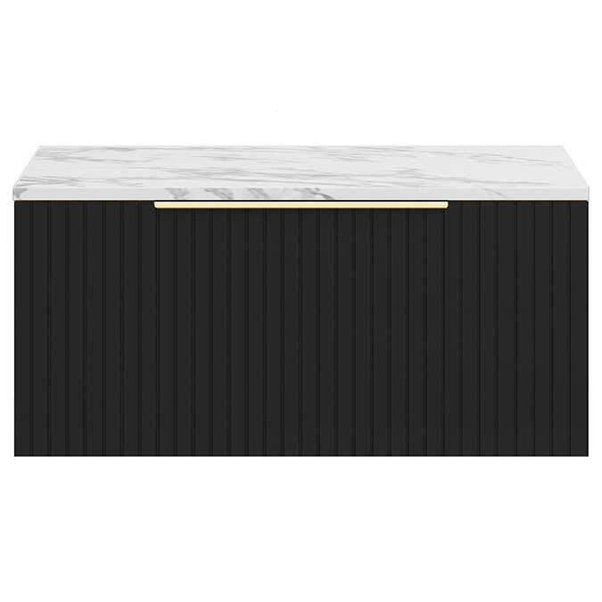 Milan Fluted 800mm Soft Black Vanity Unit - Wall Hung 1 Drawer Unit with Carrara Marble Worktop & Brushed Brass Handle