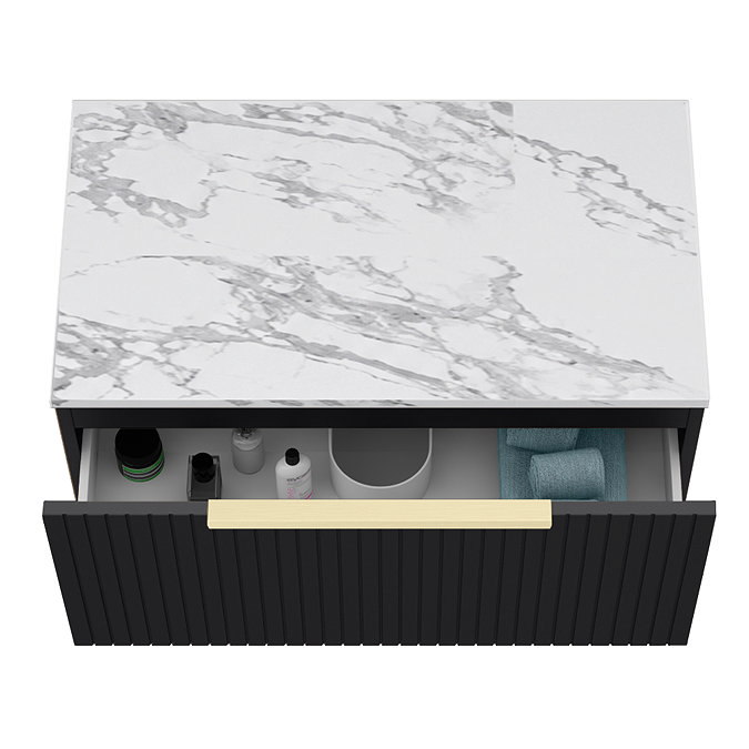 Milan Fluted 800mm Soft Black Vanity Unit - Wall Hung 1 Drawer Unit with Carrara Marble Worktop & Brushed Brass Handle