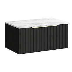 Milan Fluted 800mm Soft Black Vanity Unit - Wall Hung 1 Drawer Unit with Carrara Marble Worktop & Brushed Brass Handle