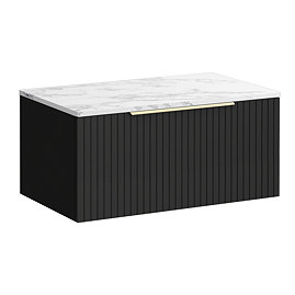Milan Fluted 800mm Soft Black Vanity Unit - Wall Hung 1 Drawer Unit with Carrara Marble Worktop & Brushed Brass Handle