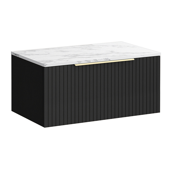 Milan Fluted 800mm Soft Black Vanity Unit - Wall Hung 1 Drawer Unit with Carrara Marble Worktop & Brushed Brass Handle