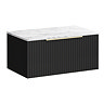 Milan Fluted 800mm Soft Black Vanity Unit - Wall Hung 1 Drawer Unit with Carrara Marble Worktop & Brushed Brass Handle
