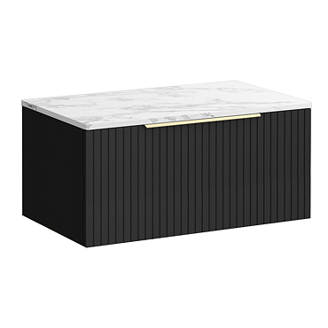 Milan Fluted 800mm Soft Black Vanity Unit - Wall Hung 1 Drawer Unit with Carrara Marble Worktop & Brushed Brass Handle