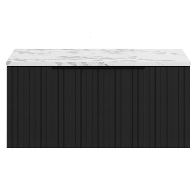 Milan Fluted 800mm Soft Black Vanity Unit - Wall Hung 1 Drawer Unit with Carrara Marble Worktop & Matt Black Handle