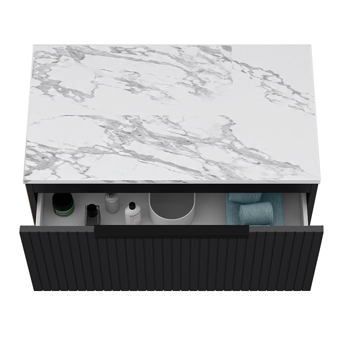 Milan Fluted 800mm Soft Black Vanity Unit - Wall Hung 1 Drawer Unit with Carrara Marble Worktop & Matt Black Handle