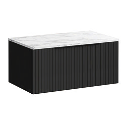 Milan Fluted 800mm Soft Black Vanity Unit - Wall Hung 1 Drawer Unit with Carrara Marble Worktop & Matt Black Handle