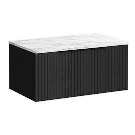 Milan Fluted 800mm Soft Black Vanity Unit - Wall Hung 1 Drawer Unit with Carrara Marble Worktop & Matt Black Handle
