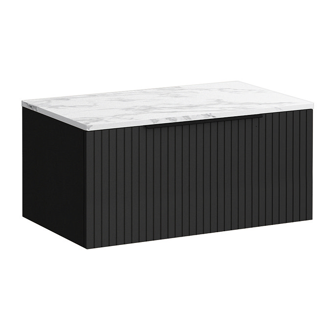 Milan Fluted 800mm Soft Black Vanity Unit - Wall Hung 1 Drawer Unit with Carrara Marble Worktop & Matt Black Handle