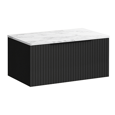 Milan Fluted 800mm Soft Black Vanity Unit - Wall Hung 1 Drawer Unit with Carrara Marble Worktop & Matt Black Handle