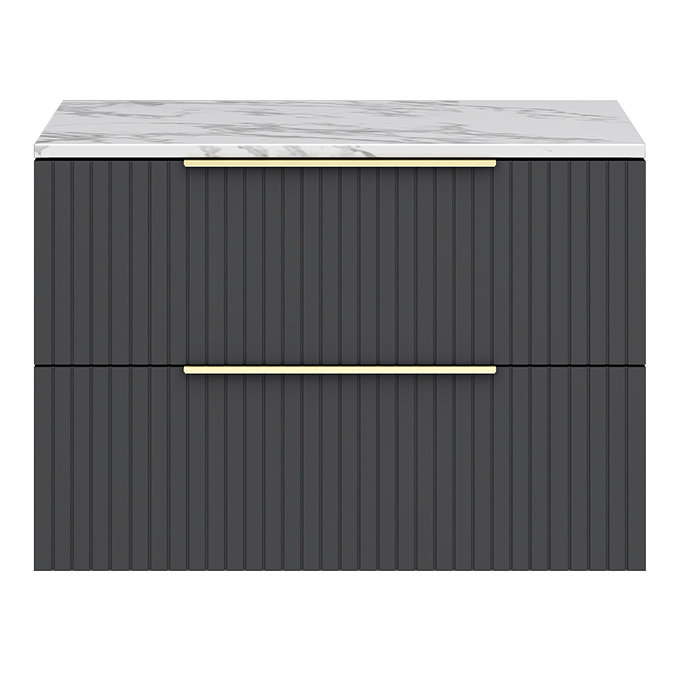Milan Fluted 800mm Soft Black Vanity Unit - Wall Hung 2 Drawer Unit with Carrara Marble Worktop & Brushed Brass Handles