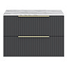Milan Fluted 800mm Soft Black Vanity Unit - Wall Hung 2 Drawer Unit with Carrara Marble Worktop & Brushed Brass Handles