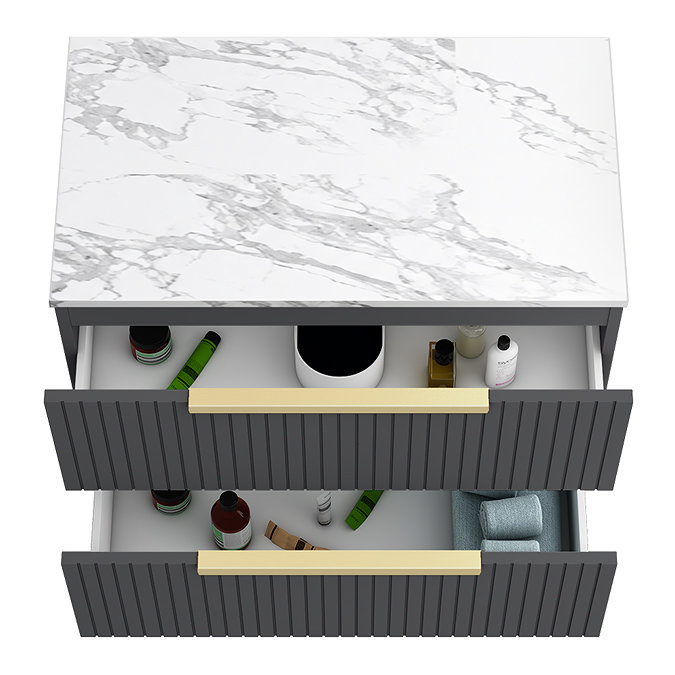 Milan Fluted 800mm Soft Black Vanity Unit - Wall Hung 2 Drawer Unit with Carrara Marble Worktop & Brushed Brass Handles