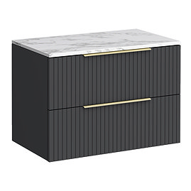Milan Fluted 800mm Soft Black Vanity Unit - Wall Hung 2 Drawer Unit with Carrara Marble Worktop & Brushed Brass Handles