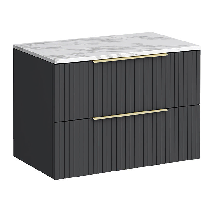 Milan Fluted 800mm Soft Black Vanity Unit - Wall Hung 2 Drawer Unit with Carrara Marble Worktop & Brushed Brass Handles