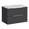 Milan Fluted 800mm Soft Black Vanity Unit - Wall Hung 2 Drawer Unit with Carrara Marble Worktop & Brushed Brass Handles