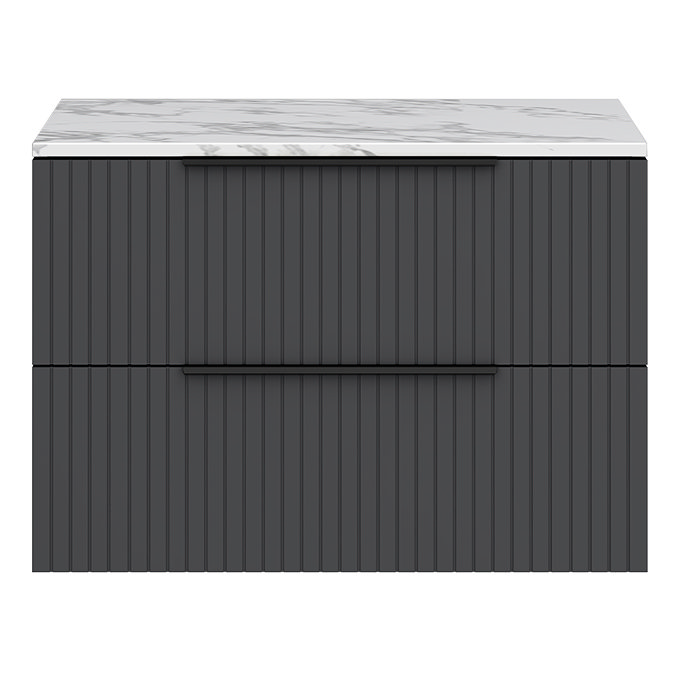 Milan Fluted 800mm Soft Black Vanity Unit - Wall Hung 2 Drawer Unit with Carrara Marble Worktop & Matt Black Handles