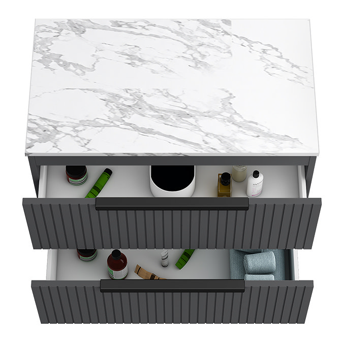 Milan Fluted 800mm Soft Black Vanity Unit - Wall Hung 2 Drawer Unit with Carrara Marble Worktop & Matt Black Handles