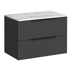 Milan Fluted 800mm Soft Black Vanity Unit - Wall Hung 2 Drawer Unit with Carrara Marble Worktop & Matt Black Handles