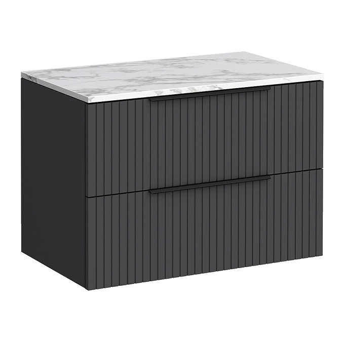 Milan Fluted 800mm Soft Black Vanity Unit - Wall Hung 2 Drawer Unit with Carrara Marble Worktop & Matt Black Handles